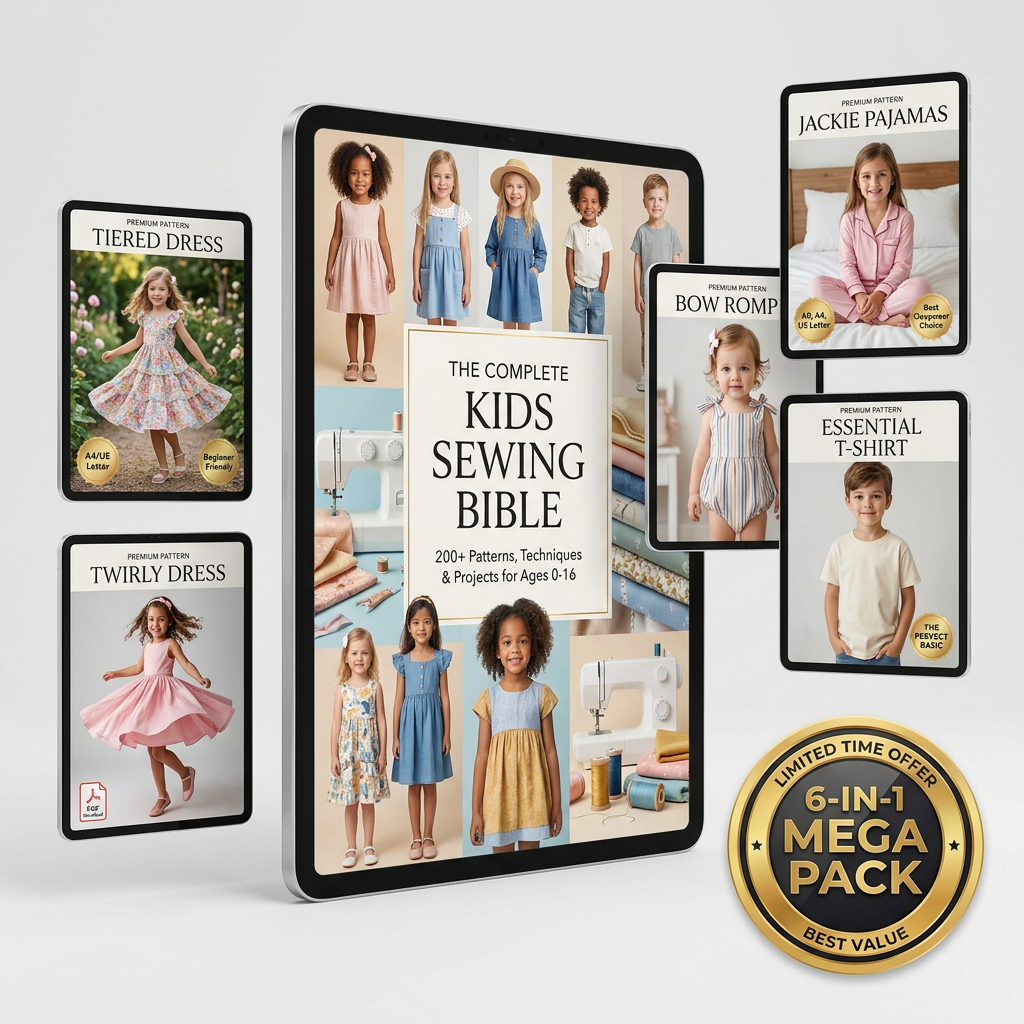 The Complete Kids Sewing Pattern Collection — 6 pattern mega bundle shown on tablets